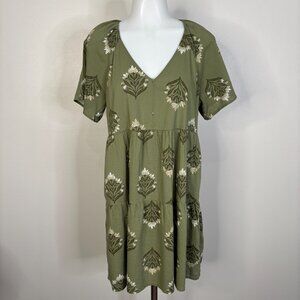Old Navy Tiered Mini Swing Dress XS Olive Green Floral Short Sleeve V-Neck